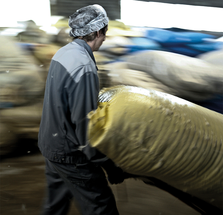 出荷間近となったダウンが詰められた袋